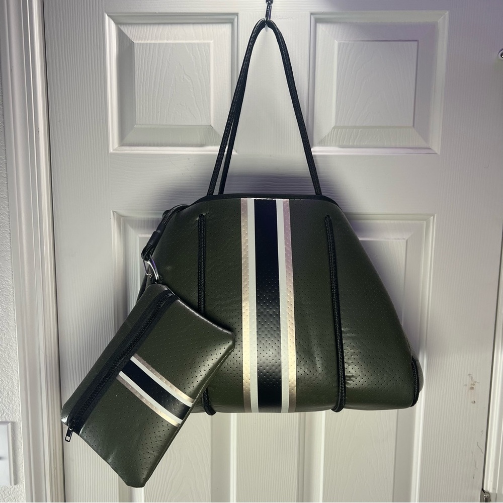 Haute Shore Greyson Envy Tote with‎ Purse Olive Green Rose Gold Black Stripes